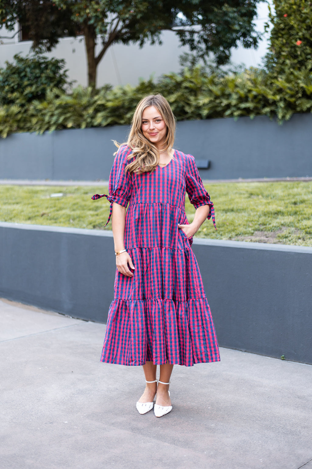 GINGHAM NAVY AND RED MAXI DRESS