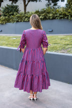 GINGHAM NAVY AND RED MAXI DRESS