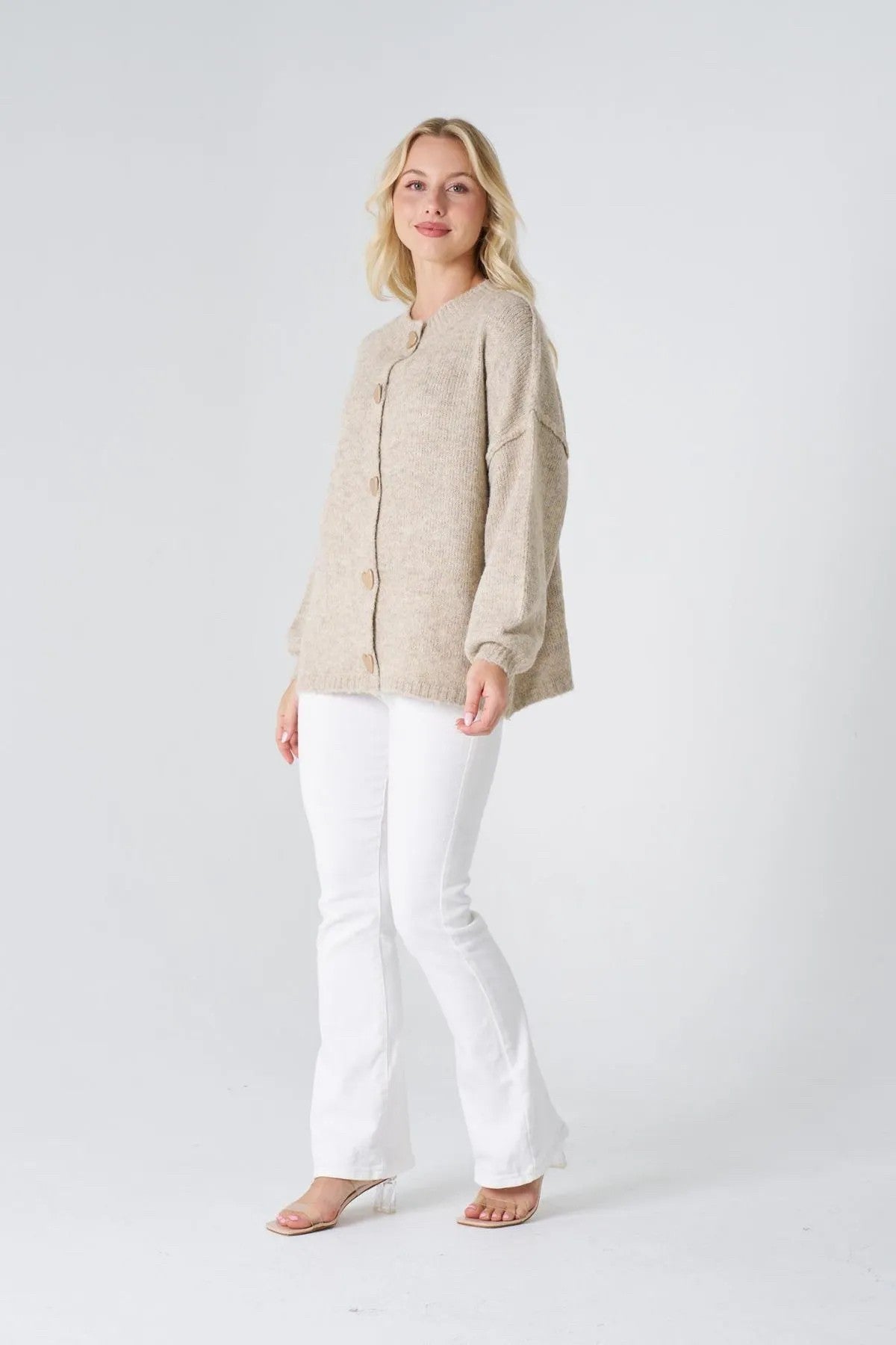 BEIGE CARDIGAN WITH GOLD SOLID BUTTONS