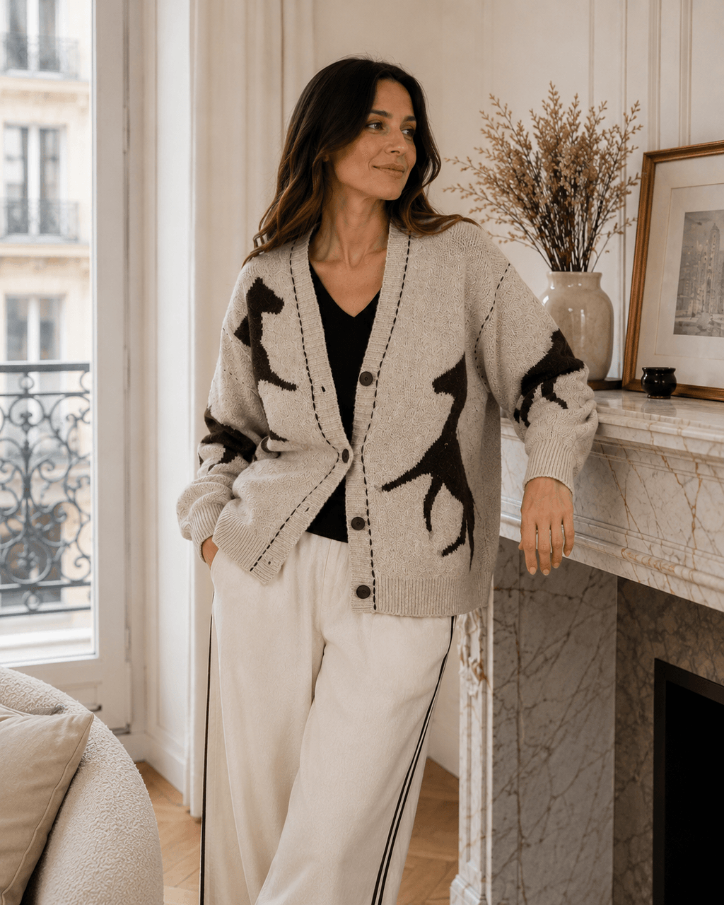 BEIGE HORSE CARDIGAN WOOL BLEND
