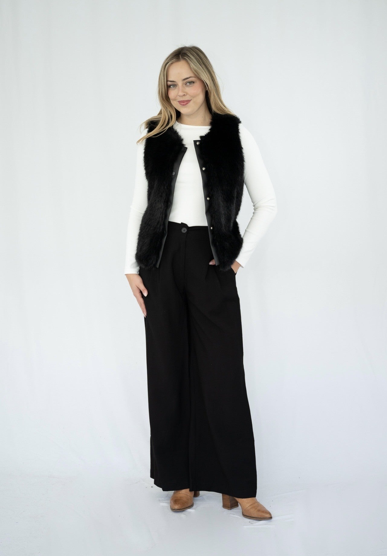 BLACK FAUX FUR VEST WITH FAUX BLACK LEATHER TRIM