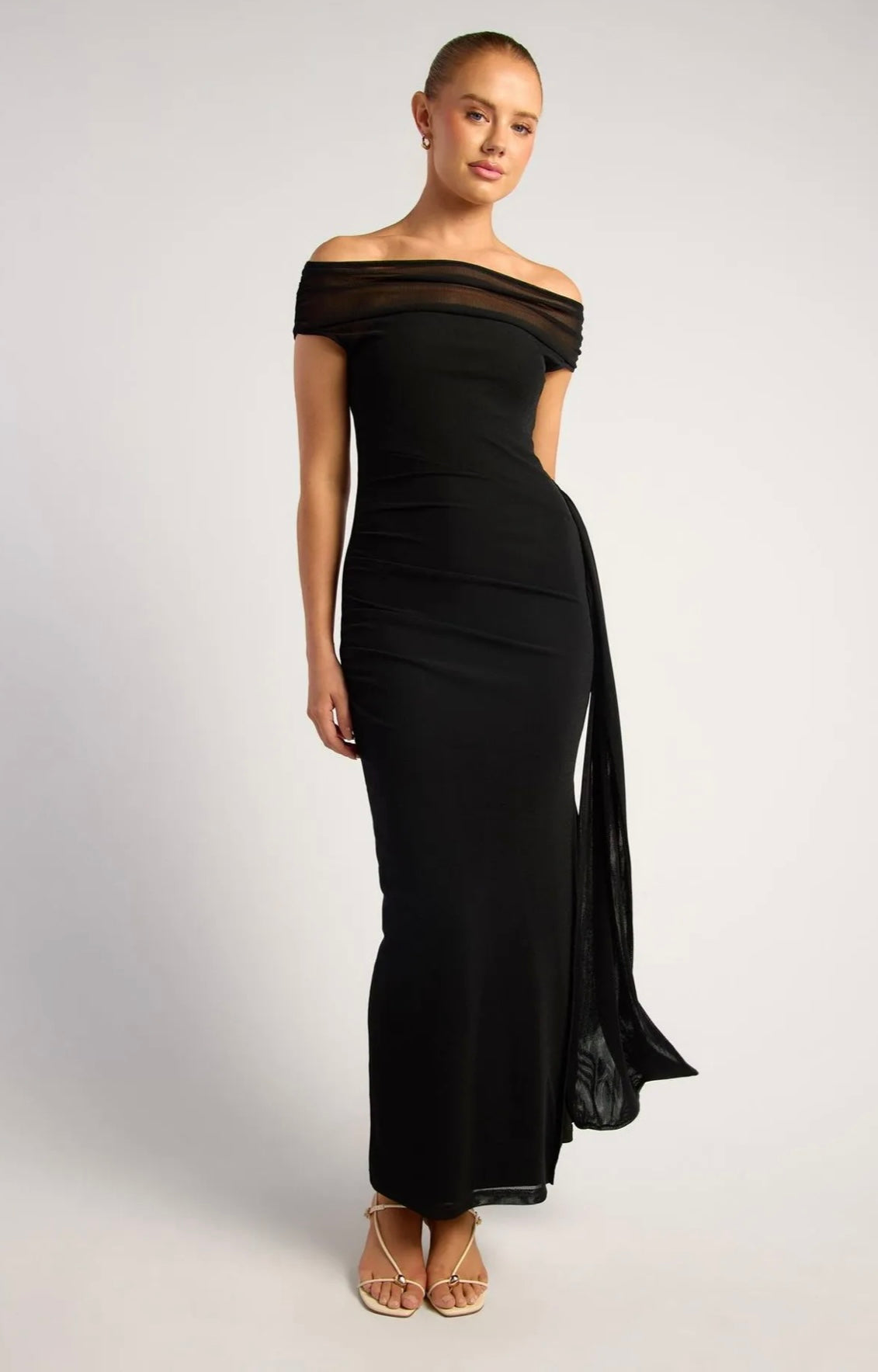 BLACK OFF SHOULDER SHEER NECKLINE  MESH DRESS WITH SIDE SASH DETAIL
