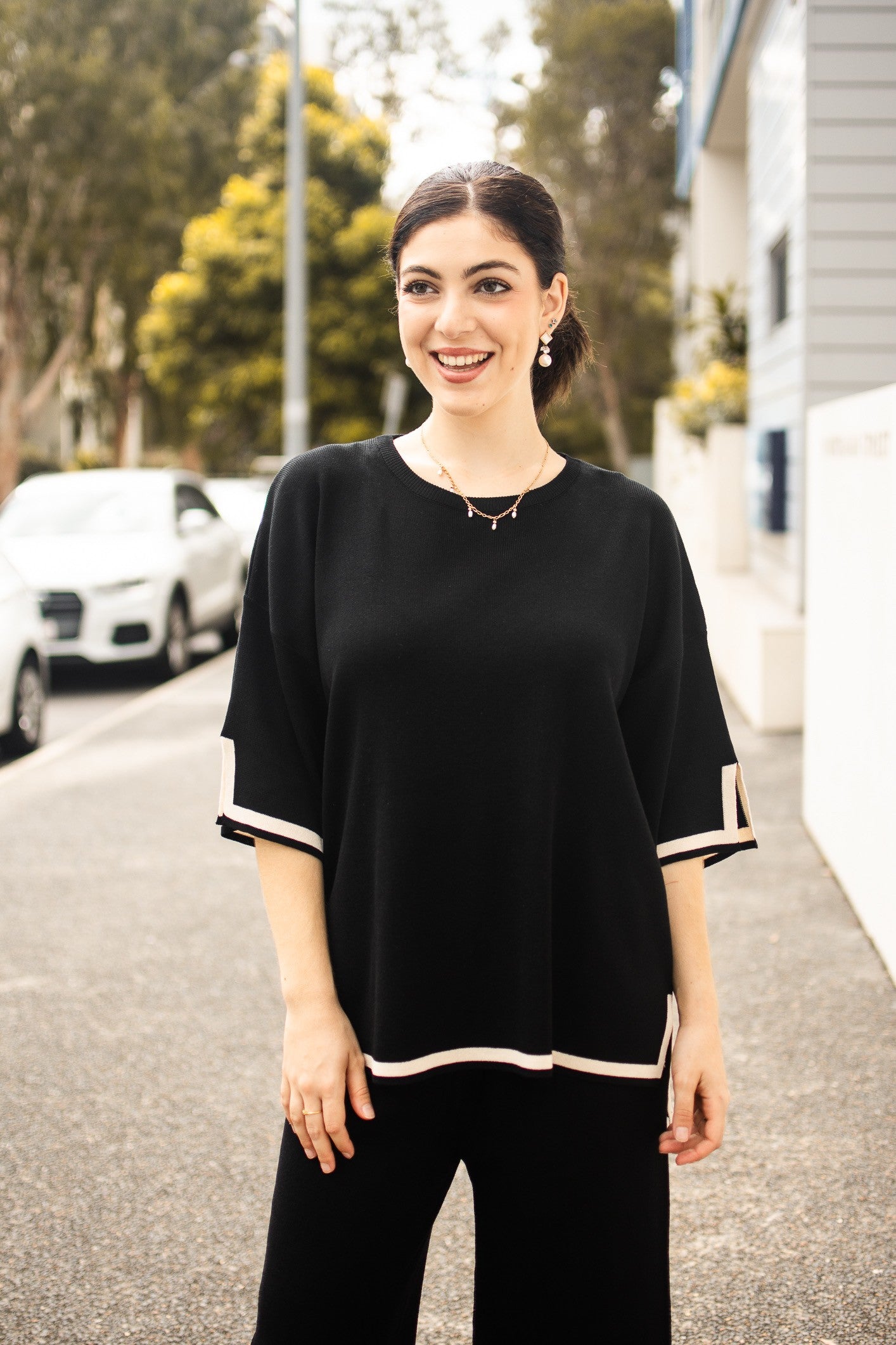 BLACK AND CREAM BORDER KNIT SET