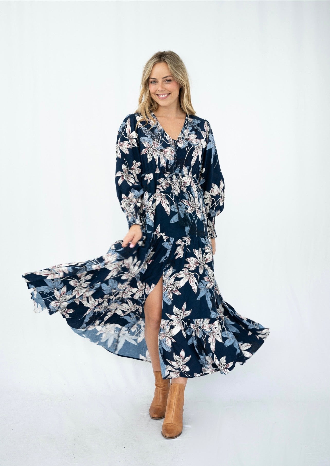 MAXI FLORAL NAVY BURGUNDY AND SKY DRESS SIZE 8 -20