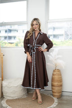 CHOCOLATE WITH MINT BLUE RIC RAC MIDI DRESS