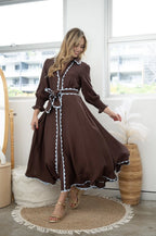 CHOCOLATE WITH MINT BLUE RIC RAC MIDI DRESS