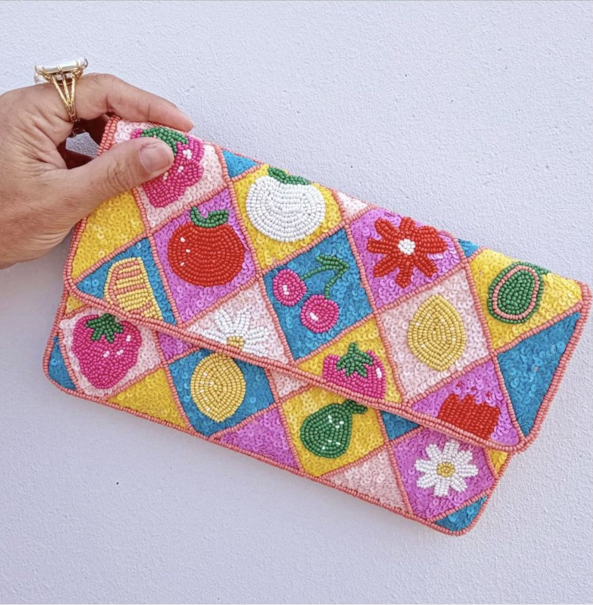 MULITI COLOURED BEADED CLUTCH BAG