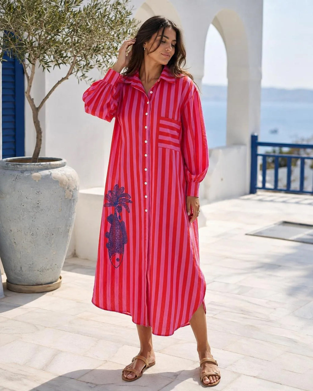 SHIRT DRESS RED AND PINK STRIPE