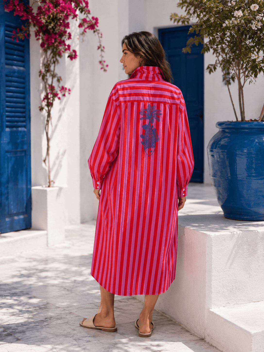 SHIRT DRESS RED AND PINK STRIPE