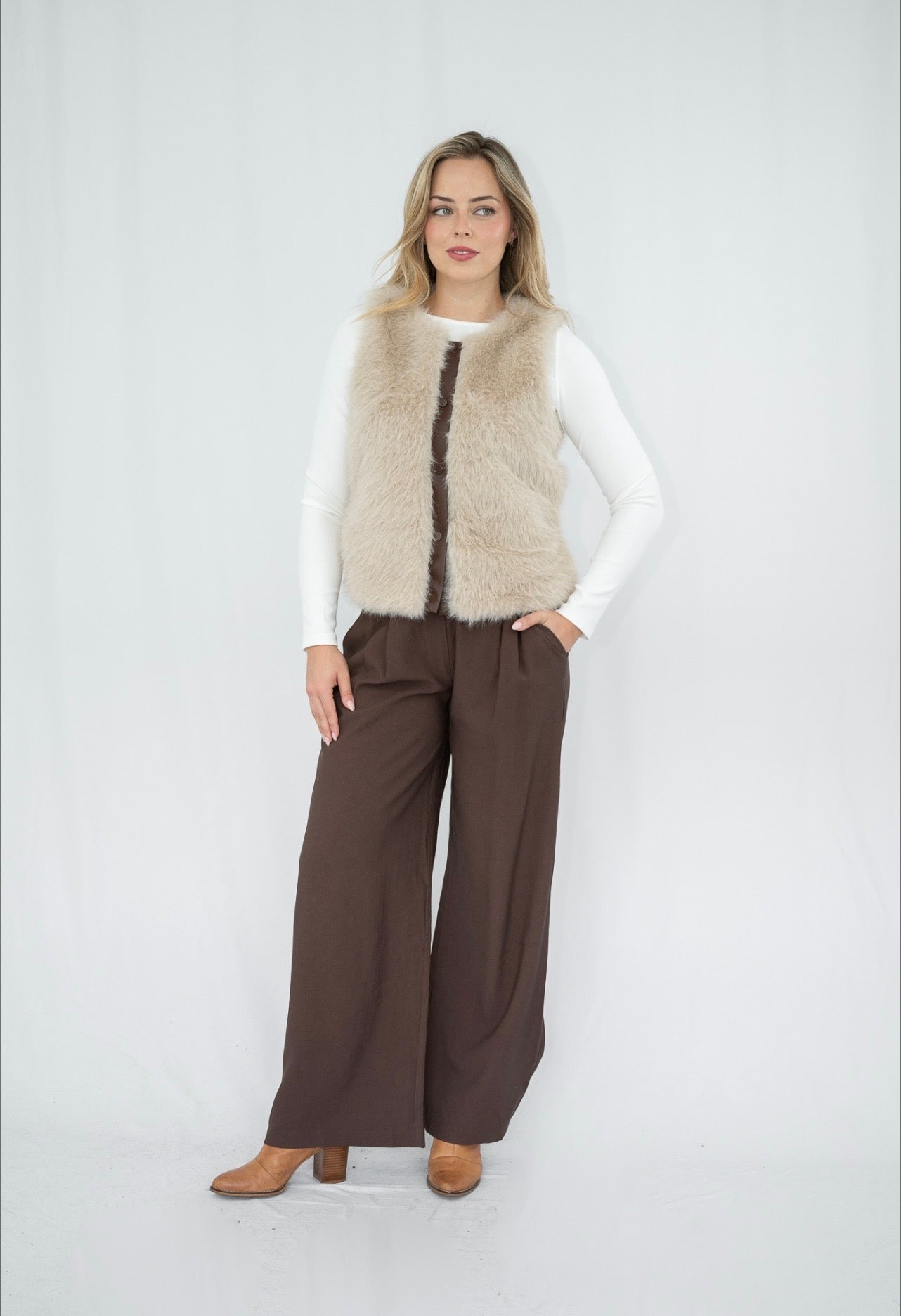 FAUX FUR VEST WITH FAUX TAN LEATHER TRIM