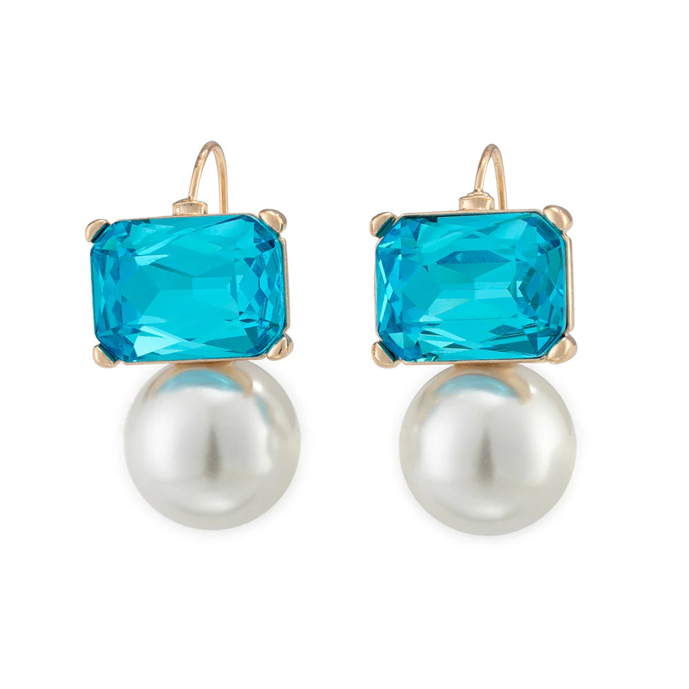 GREENWOOD EARRINGS  MAGGIE AQUA EMERALD SHAPE FAUX WITH PEARL