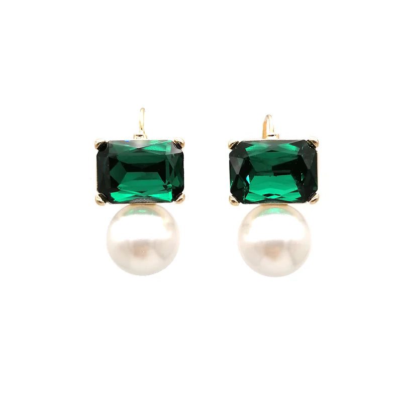 GREENWOOD MAGGIE GREEN EMERALD SHAPE FAUX CRYSTAL AND PEARL EARRINGS GOLD