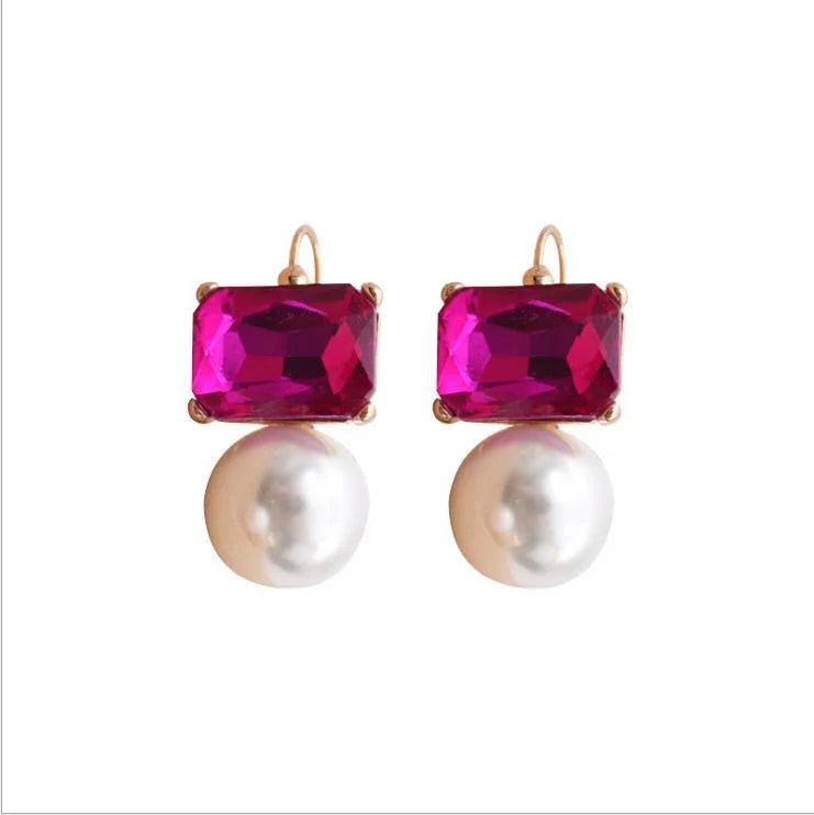 GREENWOOD MAGGIE PINK EMERALD SHAPE FAUX CRYSTAL AND PEARL EARRINGS GOLD