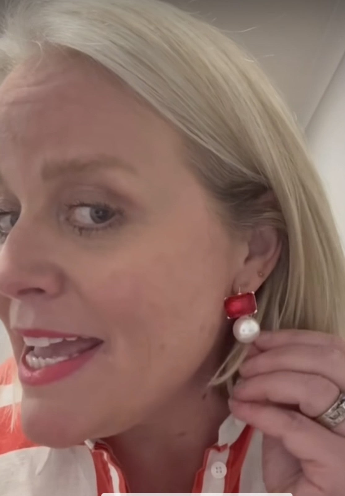 GREENWOOD EARRINGS  MAGGIE RED EMERALD SHAPE FAUX WITH PEARL