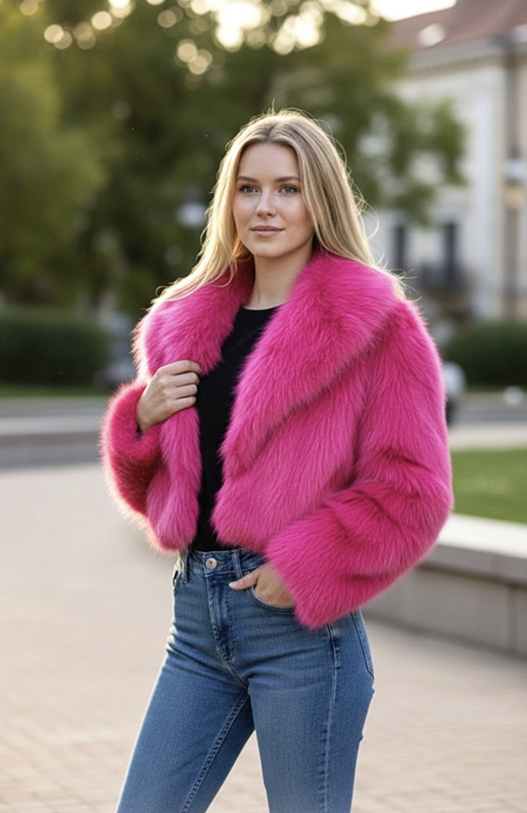 HOT PINK JACKET FAUX FUR CROPPED