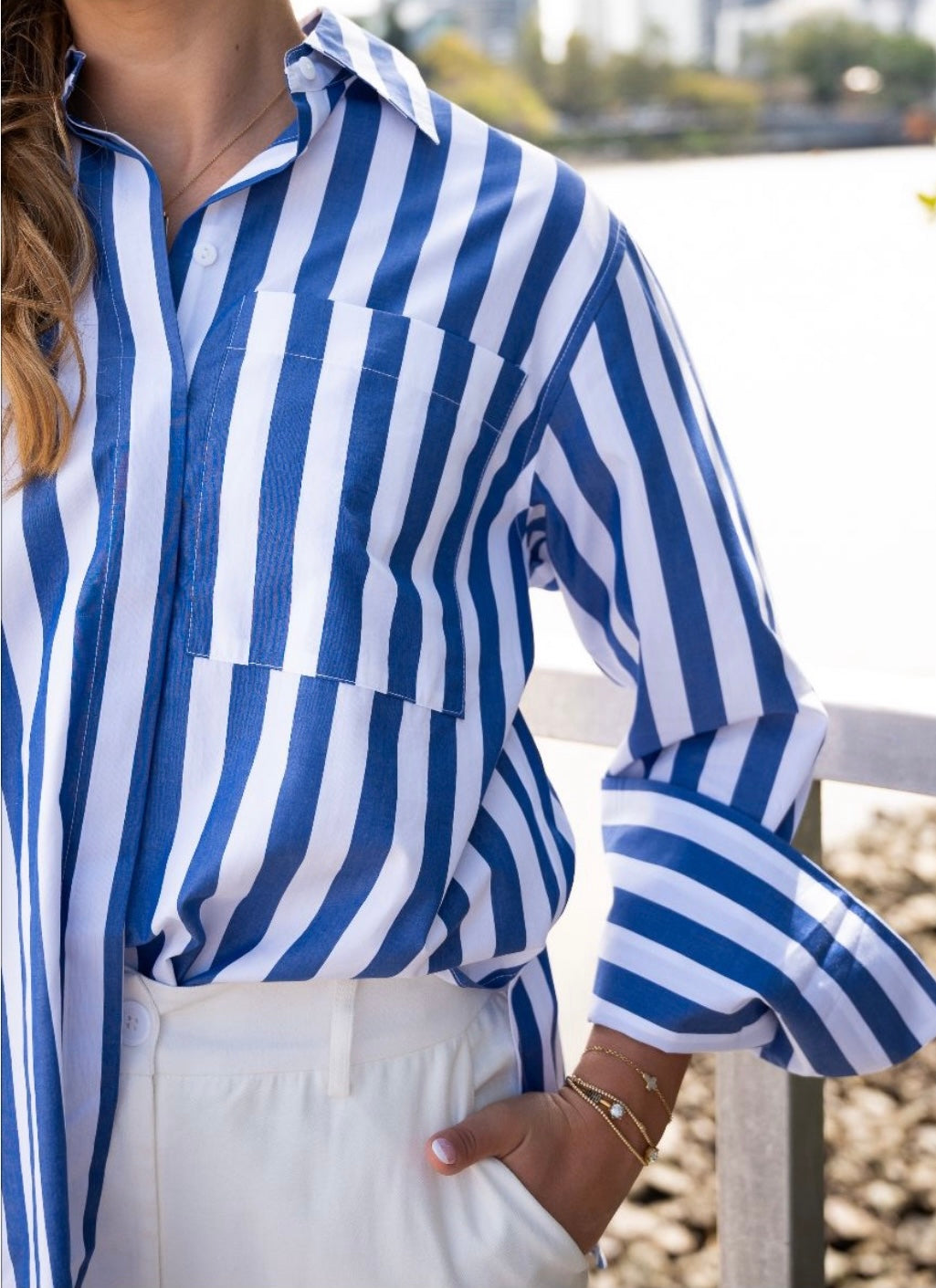 BOLD BLUE STRIPE WIDE CUFS BLOUSE