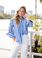 BOLD BLUE STRIPE WIDE CUFS BLOUSE