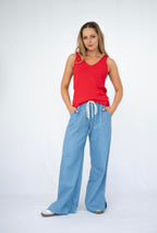 COTTON WASHED LIGHT DENIM SIDE TAPE DETAIL PANTS