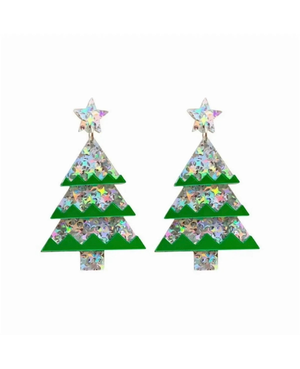 RESIN CHRISTMAS TREE CHRISTMAS EARRING IN GREEN & SILVER