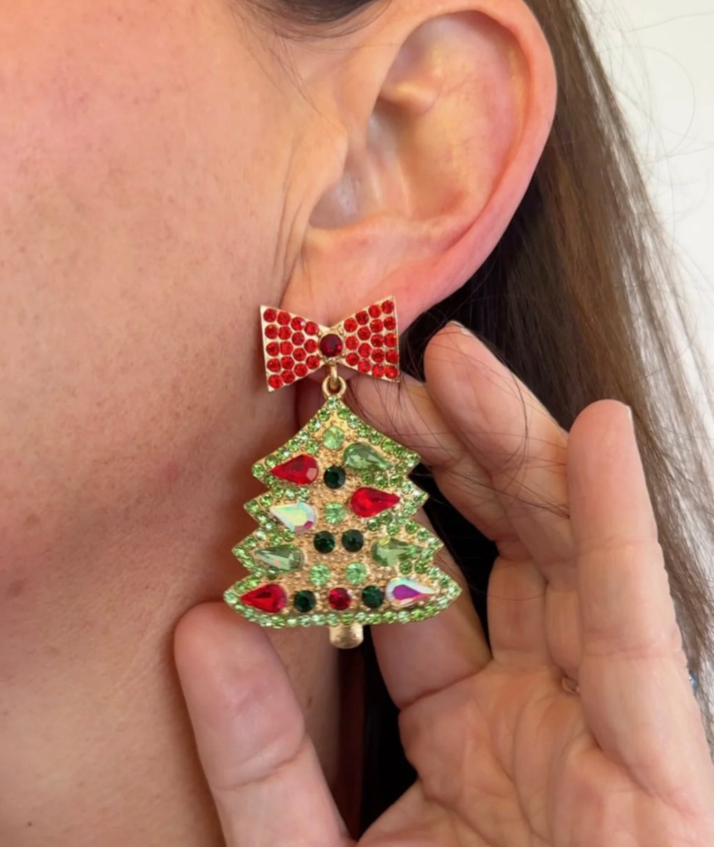 GEM SET-CHRISTMAS TREE CHRISTMAS EARRING IN RED, GOLD & GREEN
