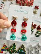 BAUBLE & BOW DANGLES CHRISTMAS EARRING IN RED & MINT
