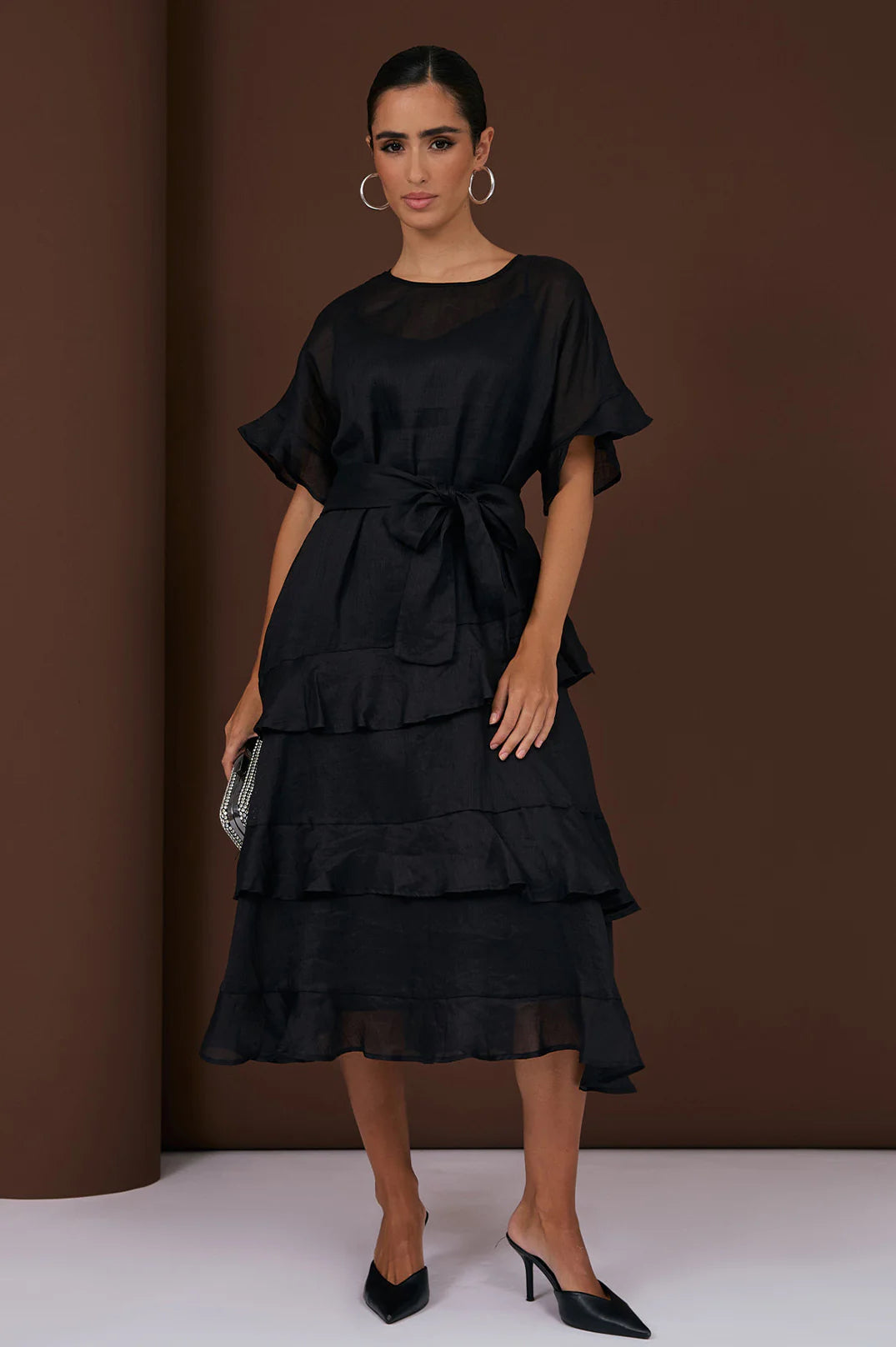 ADORNE ALANA BLACK RAMIE MIDI DRESS