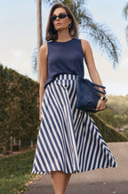 THE ELSIE NAVY AND WHITE A-LINE MIDI SKIRT