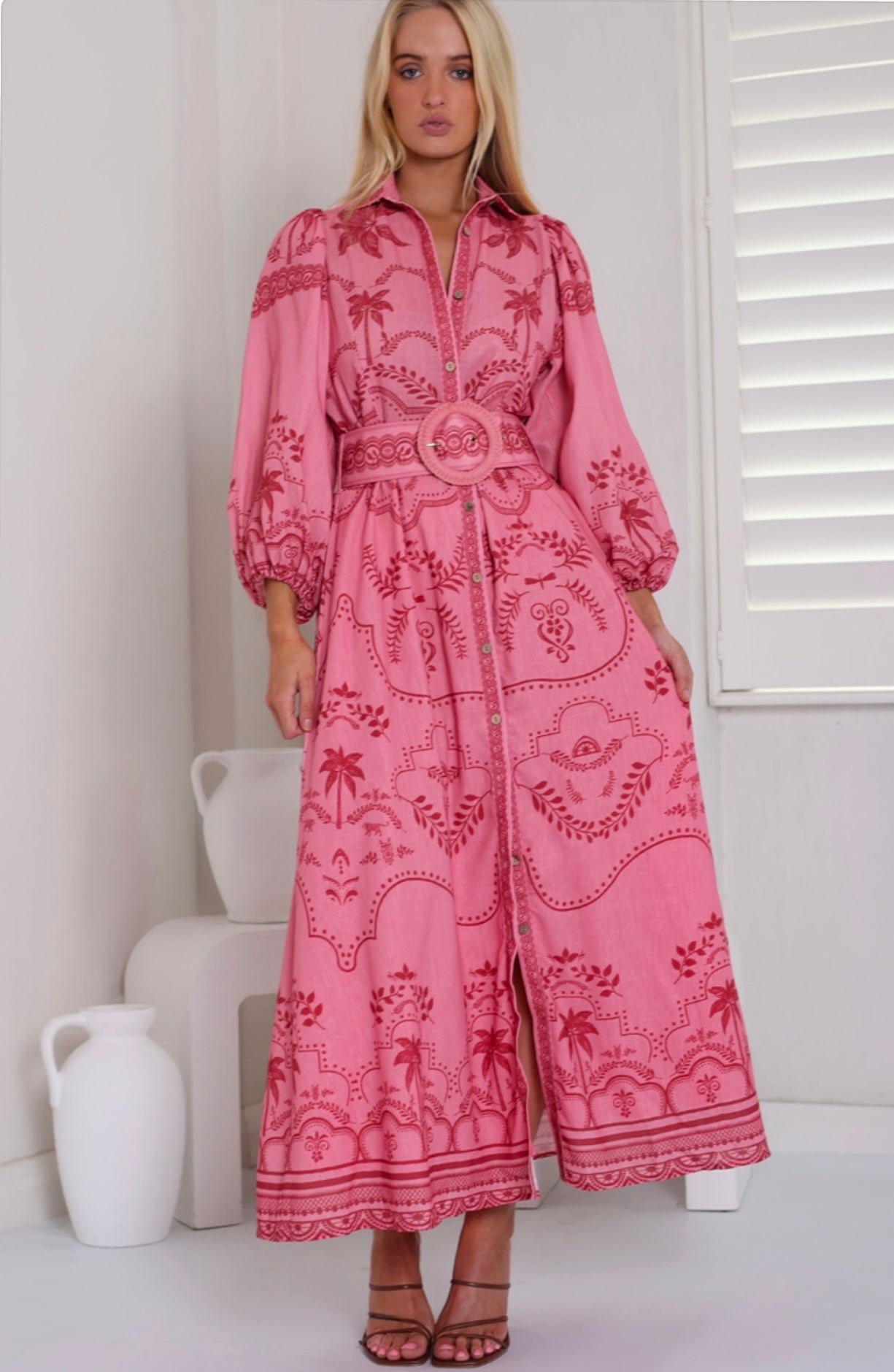 PINK PALM TREE LINEN MAXI