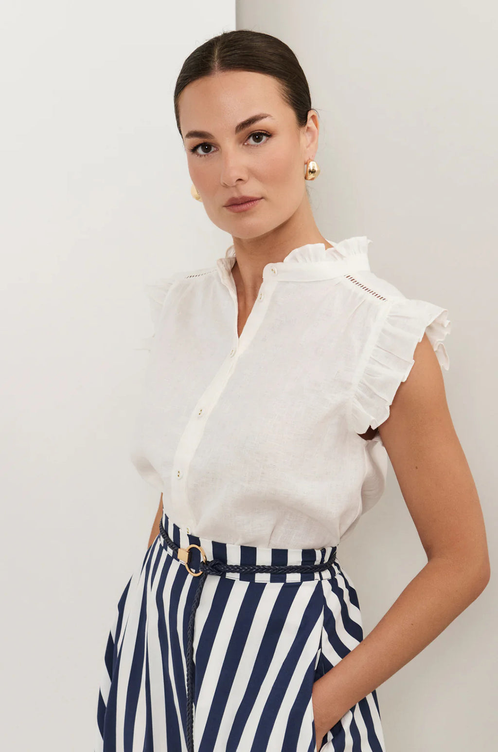 THE ELSIE NAVY AND WHITE A-LINE MIDI SKIRT
