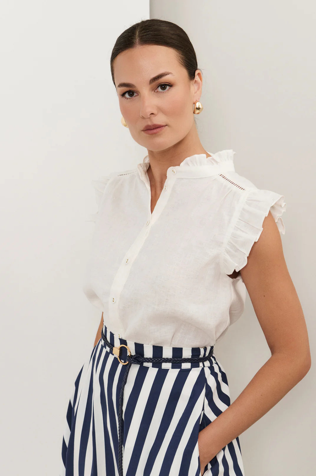 THE ELSIE NAVY AND WHITE A-LINE MIDI SKIRT
