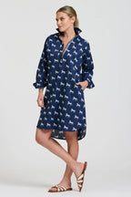 POP-OVER SHIRTDRESS NAVY WITH WHITE PONY PRANCE