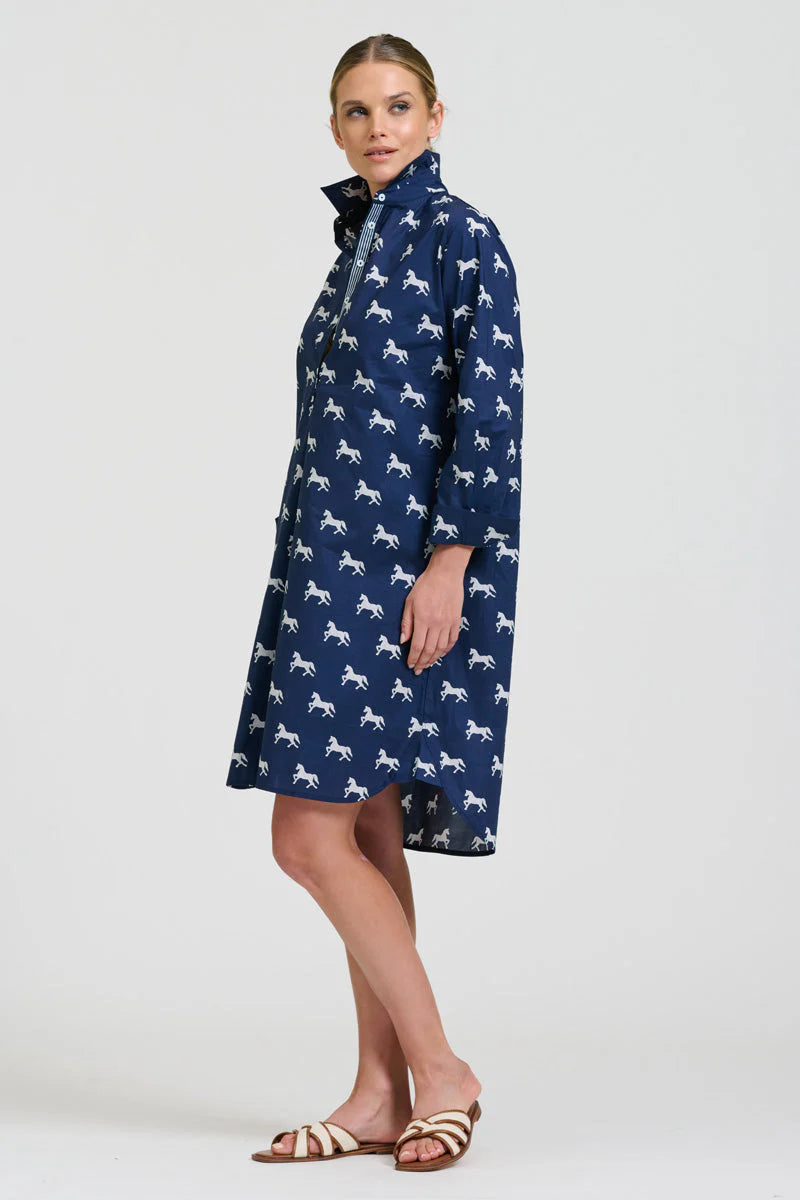 POP-OVER SHIRTDRESS NAVY WITH WHITE PONY PRANCE