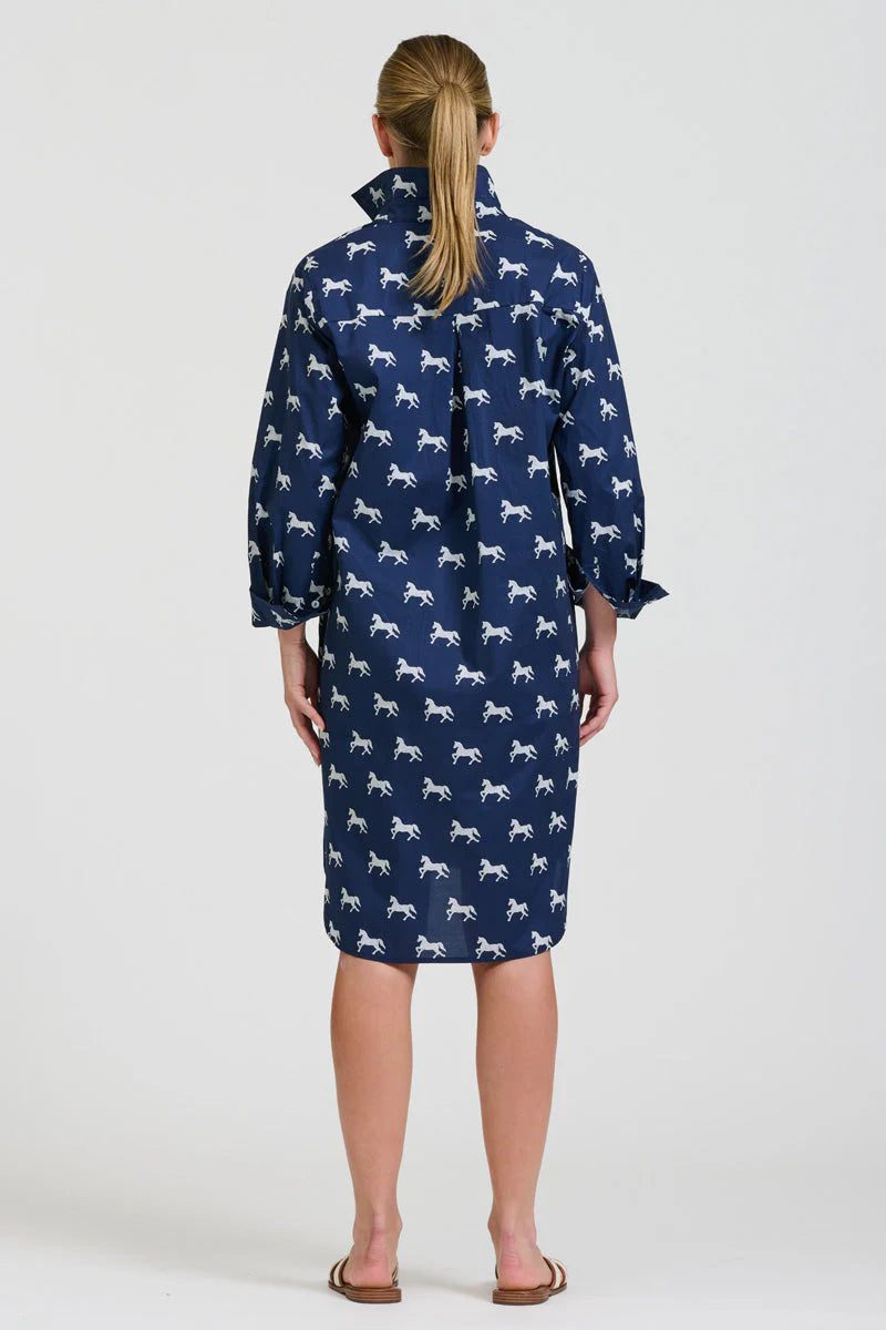 POP-OVER SHIRTDRESS NAVY WITH WHITE PONY PRANCE