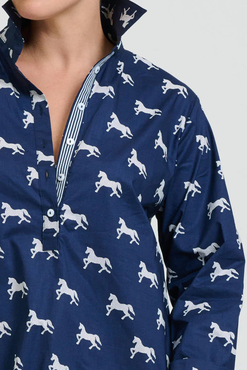 POP-OVER SHIRTDRESS NAVY WITH WHITE PONY PRANCE