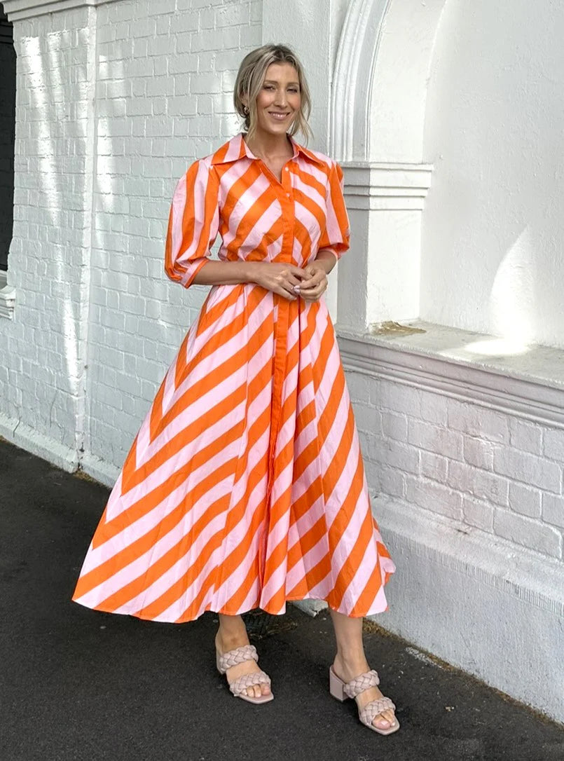 ORANGE AND LIGHT PINK STRIPE DRESS
