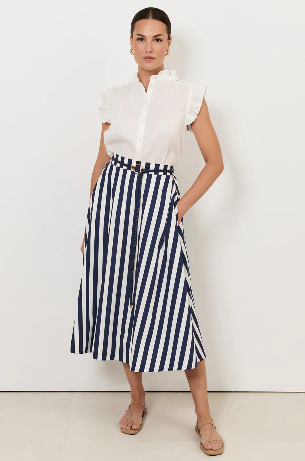 THE ELSIE NAVY AND WHITE A-LINE MIDI SKIRT