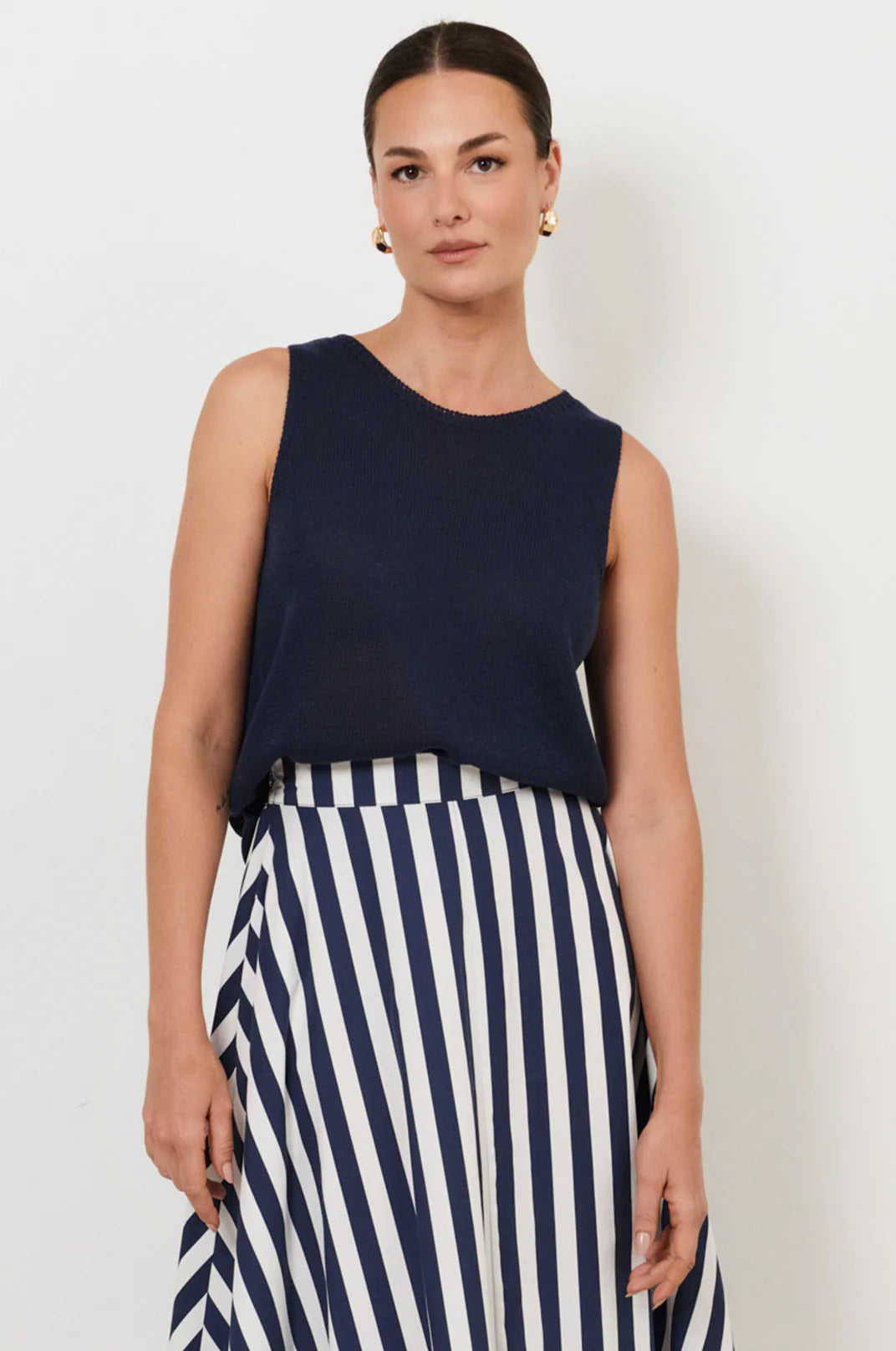 THE ELSIE NAVY AND WHITE A-LINE MIDI SKIRT
