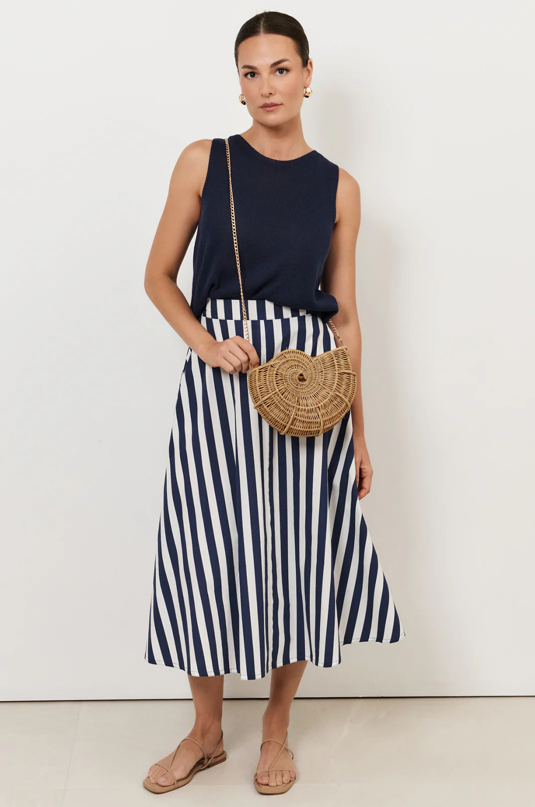 THE ELSIE NAVY AND WHITE A-LINE MIDI SKIRT