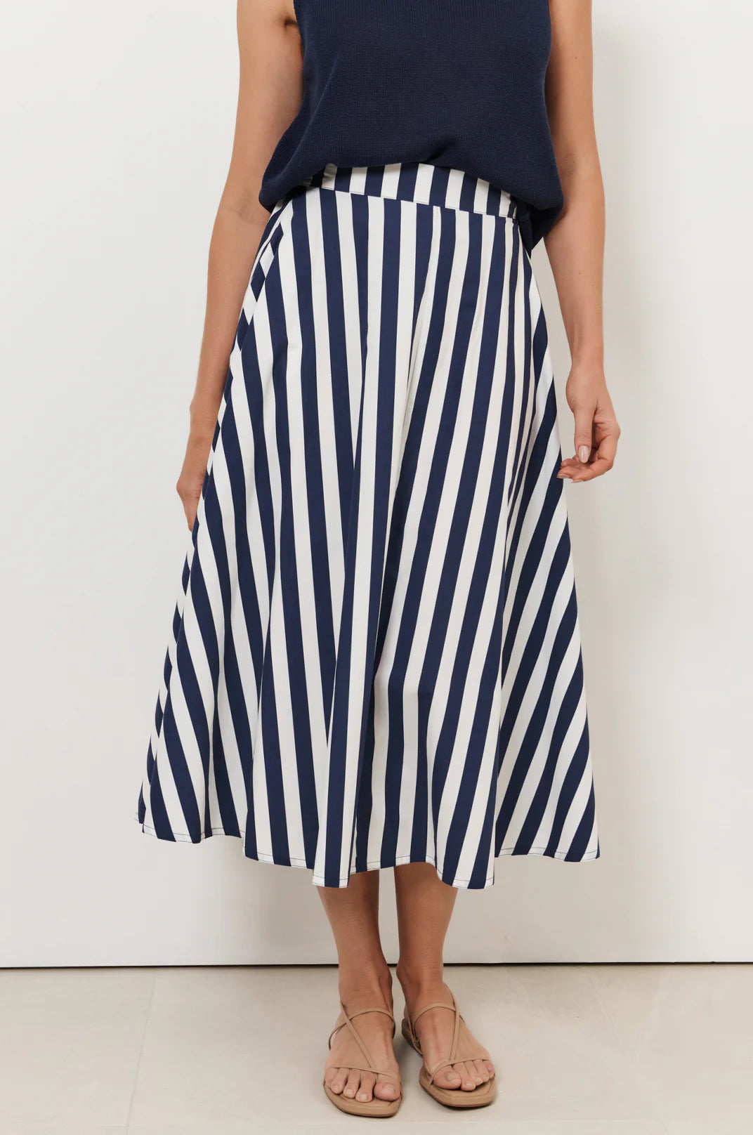 THE ELSIE NAVY AND WHITE A-LINE MIDI SKIRT