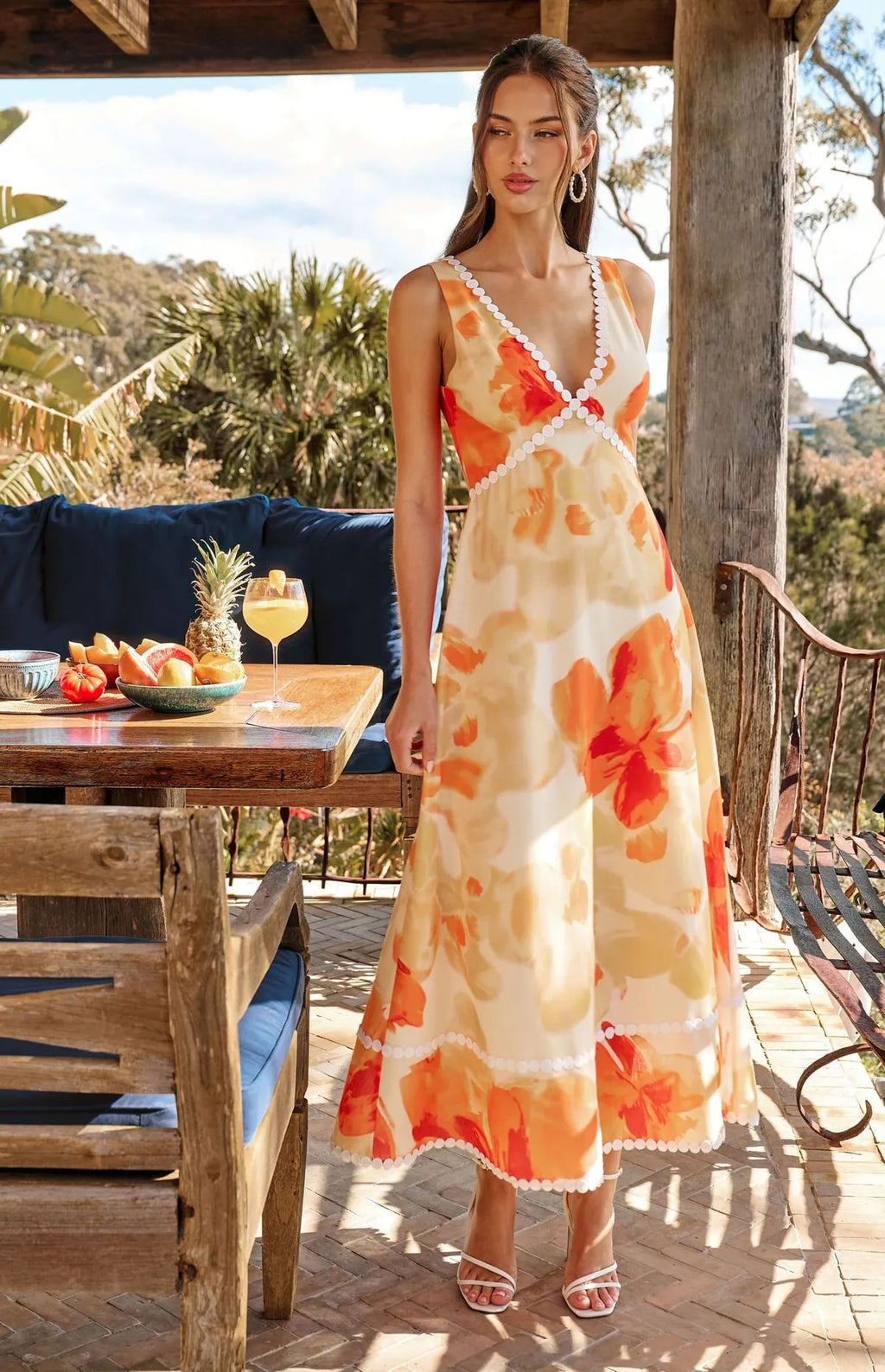 ORANGE AND LEMON PETAL TRIM DETAILING MAXI DRESS