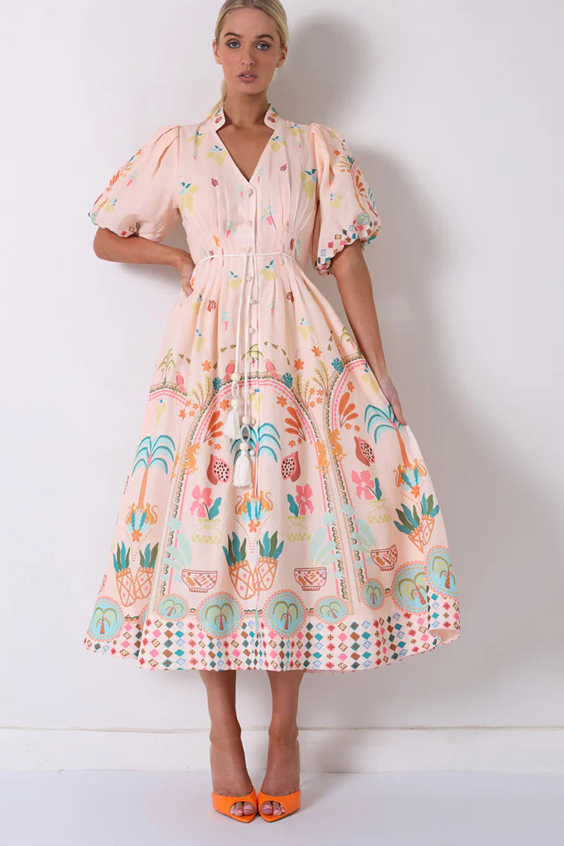 MILAN PALM TREE MIDI LINEN BLEND DRESS