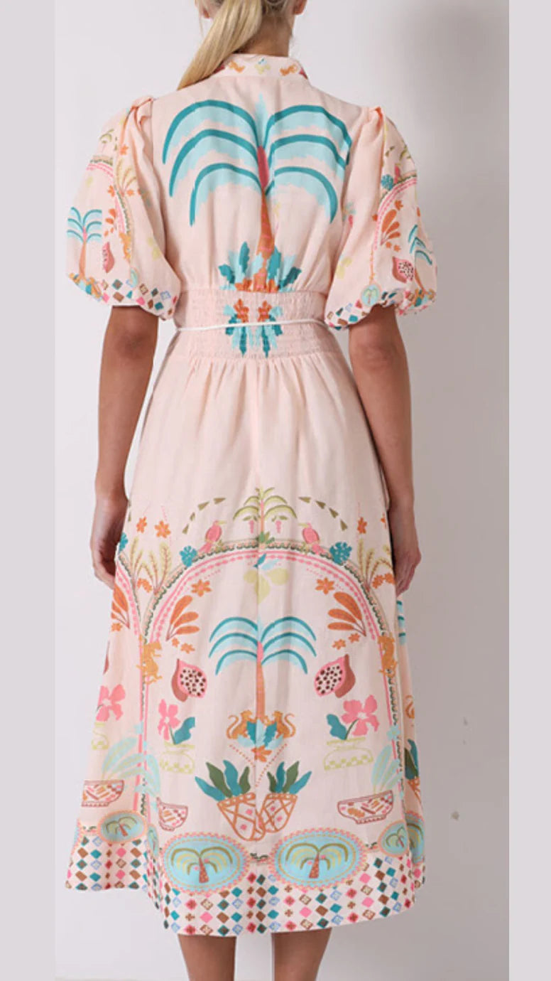 MILAN PALM TREE MIDI LINEN BLEND DRESS