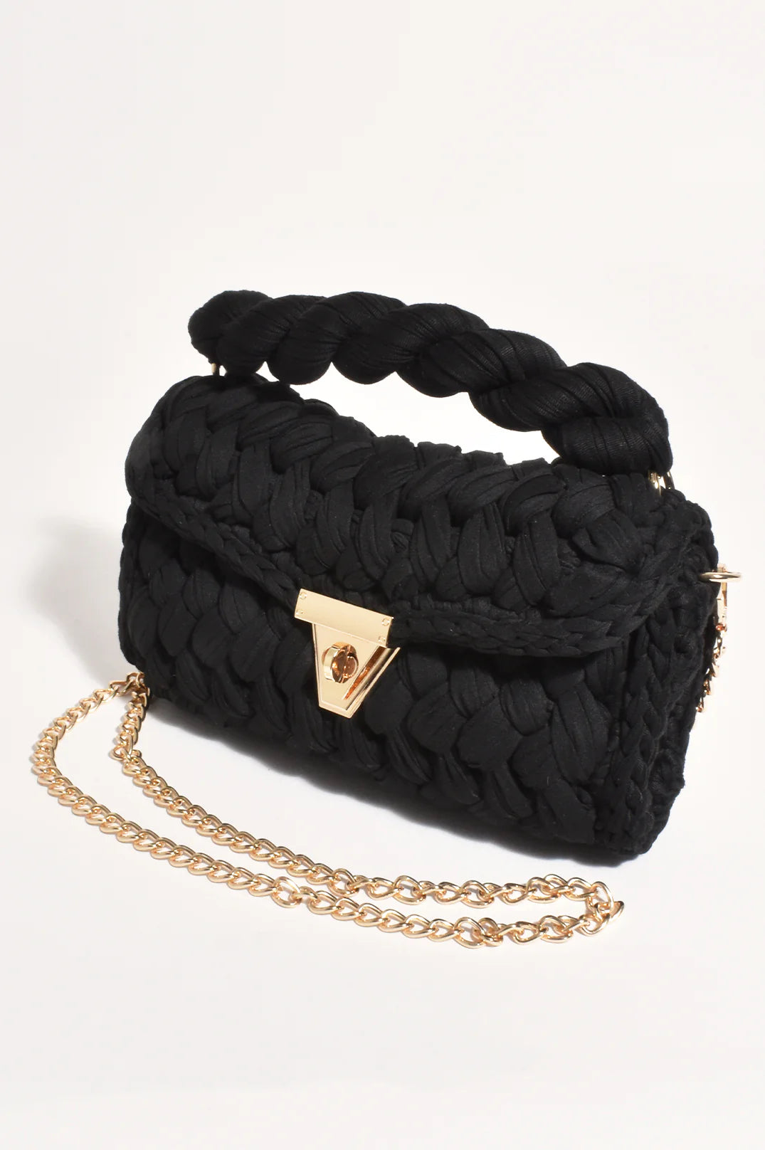 BLACK CHUNKY PLAITED HANDBAG