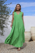 ITALIAN LINEN ROUGH EDGE DRESS BRIGHT GREEN