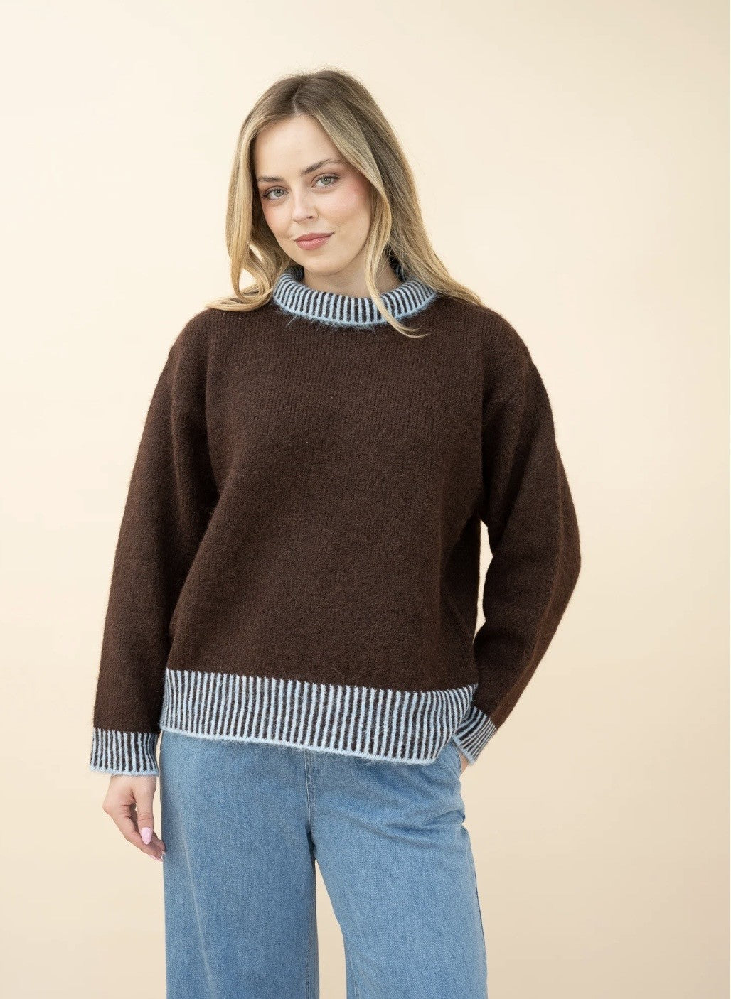 JUMPER WOOL-BLEND CHOCHOLATE AND LIGHT BLUE