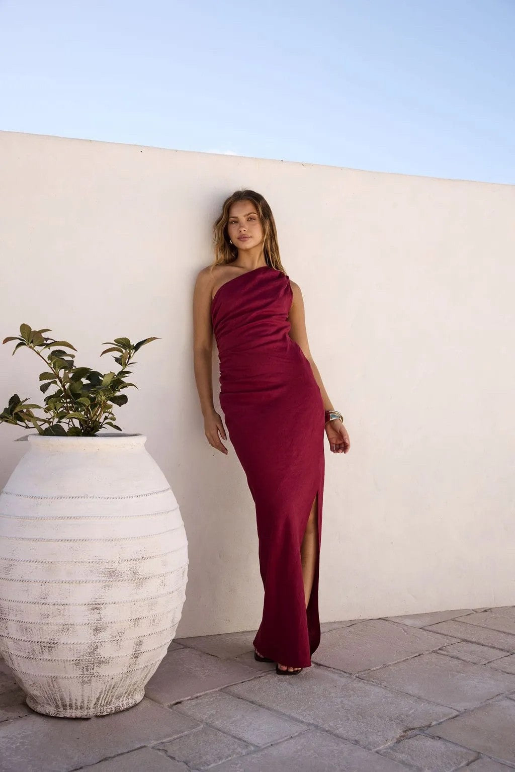 BURGUNDY LINEN MAXI DRESS