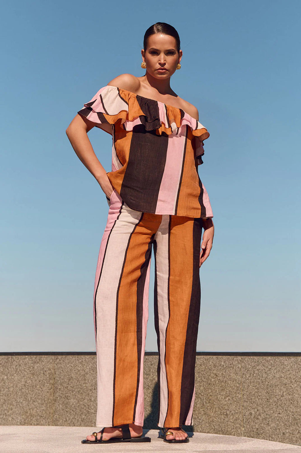 LINEN FRILL STRIPE ORANGE TOP