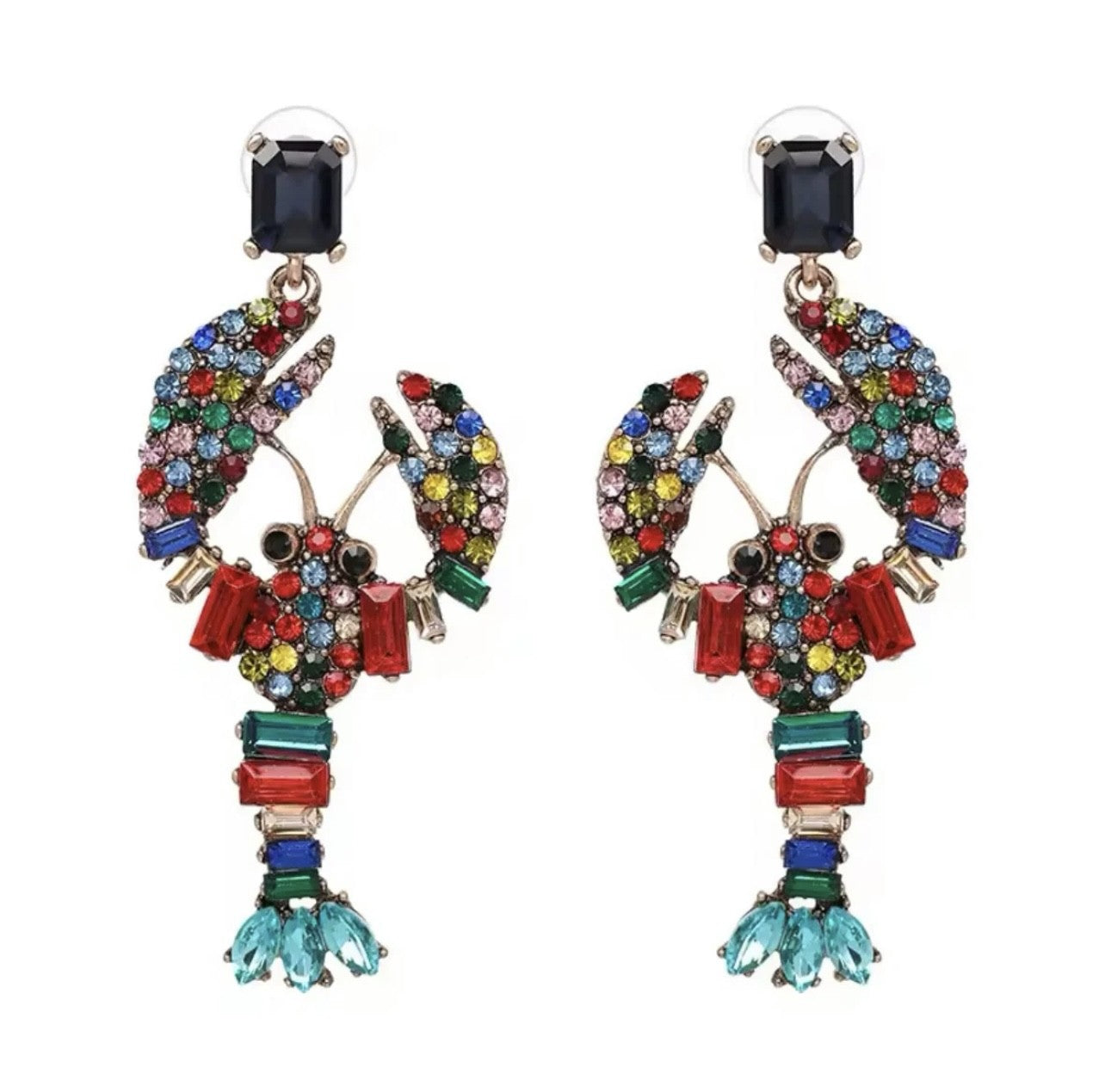 LOBSTER NAVY, RED & TEAL FAUX CRYSTAL EARRINGS