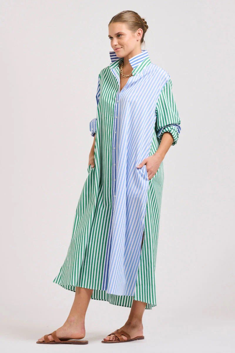 LUNA OVERSIZED LONG SHIRTDRESS GREEN AND BLUE STRIPE