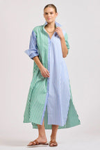 LUNA OVERSIZED LONG SHIRTDRESS GREEN AND BLUE STRIPE